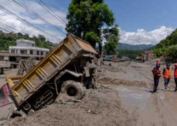 Nuwakot: This photo taken on Aug. 27, 2026 shows a view of a massive flash flood-hit Nuwakot, Nepal. Nepal's National Disaster Risk Reduction Management Authority said that as many as 359 bodies had been recovered from flood-hit areas by Thursday evening, with 910 people still missing. (Photo: Xinhua via IANS)