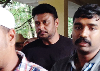 Bengaluru: Kannada actor Darshan Thoogudeepa being produced in court following his alleged role in a murder over obscene texts in Bengaluru on Saturday, June 15, 2024. (Photo: IANS)