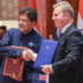 New Delhi: Union Minister Piyush Goyal and New Zealands Minister for Trade and Investment Todd McClay exchange an official document during the India-New Zealand Business Forum in New Delhi on Monday, April 27, 2026. (Photo: IANS/Prem Nath Pandey)