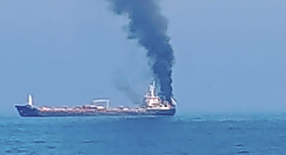 Oman Coast: Smoke billows from the merchant vessel MT Jalveer after it caught fire following an incident near the Omani port of Shinas on Thursday, June 11, 2026. Around 20 Indian crew members were reported to be on board and evacuation operations were underway. (Photo: Screen grab/FSUI)