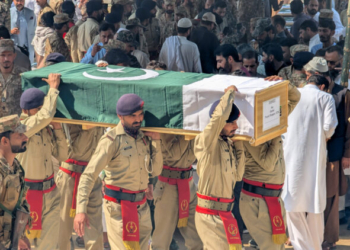 Muzaffarabad: People attend the funeral of victims of a military helicopter crash near Muzaffarabad in Pakistan-occupied Kashmir on Thursday, June 11, 2026. According to security sources, 22 army personnel were killed in the crash. (Photo: Xinhua via IANS)