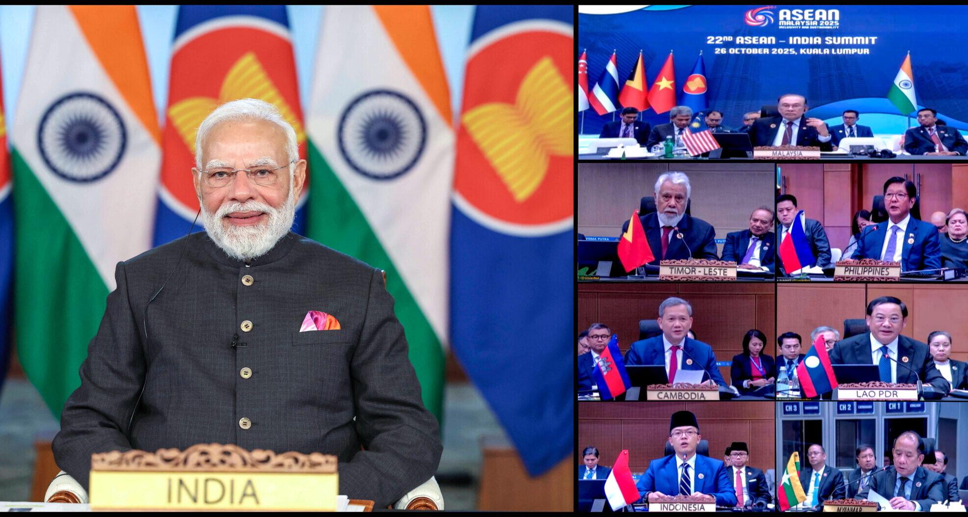 New Delhi: Prime Minister Narendra Modi virtually addresses the 22nd ASEAN Summit 2025 via video conferencing from New Delhi on Sunday, October 26, 2025. (Photo: IANS/PMO)