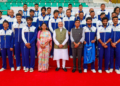 New Delhi: Prime Minister Narendra Modi poses for a group photograph with Union Minister of Youth Affairs and Sports Mansukh Mandaviya, Union Minister of State for Youth Affairs and Sports Raksha Khadse, and participants of the Asian Games 2026 during an interaction in New Delhi on Thursday, October 15, 2026. (Photo: IANS/PMO)